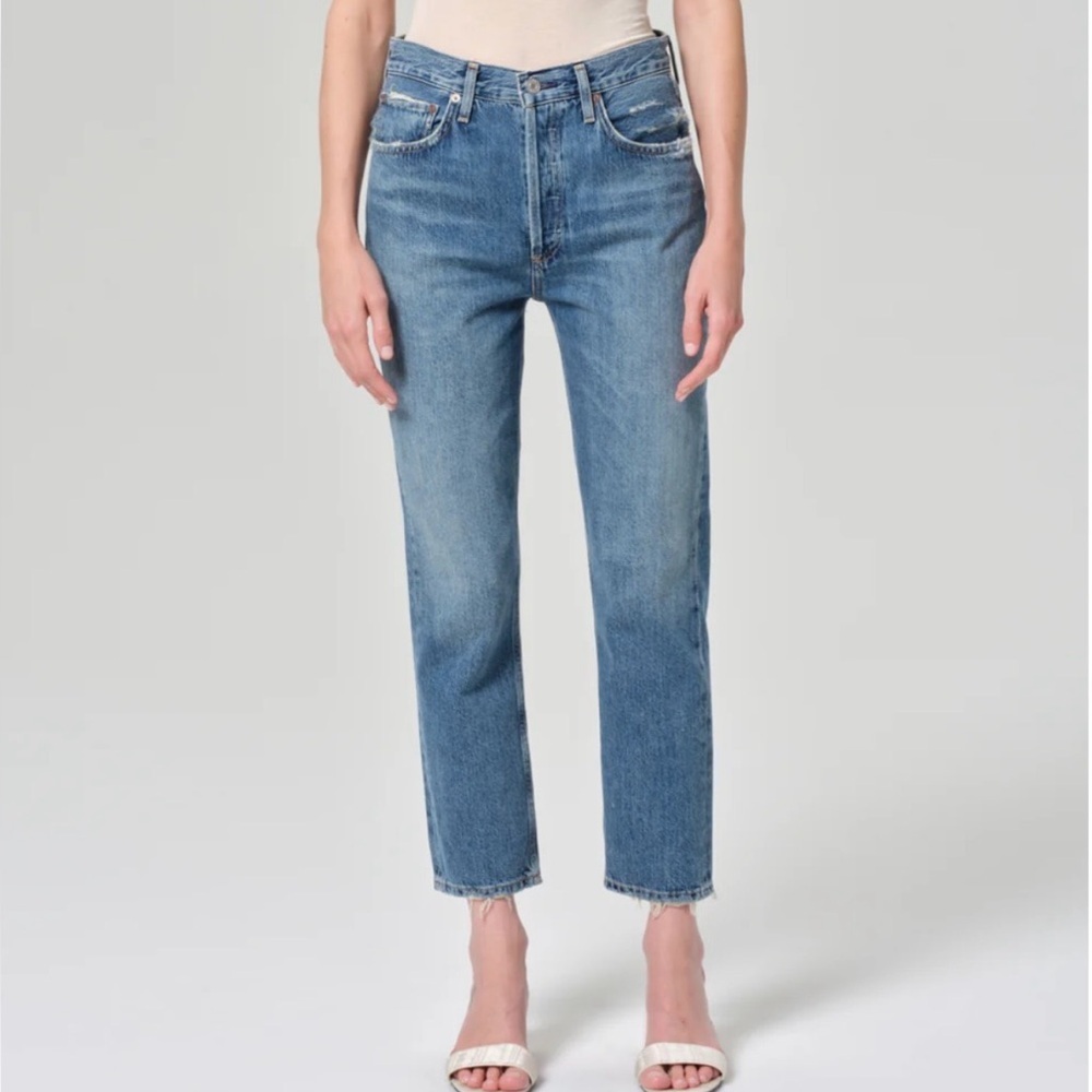 AGOLDE Riley High Rise Straight Crop Jeans Womens 24 Blue Denim Raw Hem